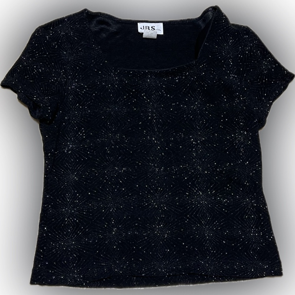 💥Vintage JBS Short Sleeve Blouse Sequin Star Pattern Square Neck Stretch Med